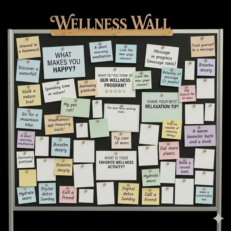 A Wellness Wall at a corporate event where visitors can pin cards with inspirational messages.