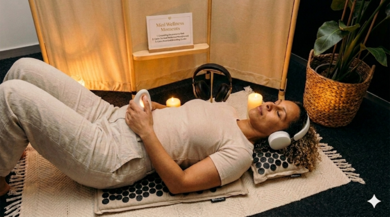 Mini wellness activation setup at a corporate event with acupressure mat, meditation headsets, and Moonbird breathing device