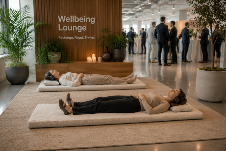 Guest lying on a Mind Oasis Intelligent Wellbeing Mat during a corporate event wellness activation